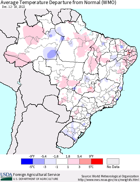 Brazil Average Temperature Departure from Normal (WMO) Thematic Map For 12/12/2022 - 12/18/2022