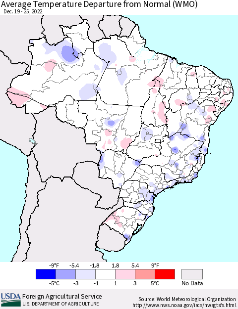 Brazil Average Temperature Departure from Normal (WMO) Thematic Map For 12/19/2022 - 12/25/2022