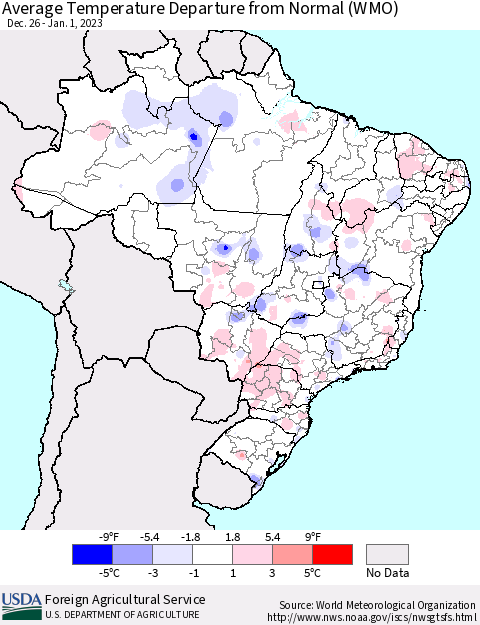 Brazil Average Temperature Departure from Normal (WMO) Thematic Map For 12/26/2022 - 1/1/2023