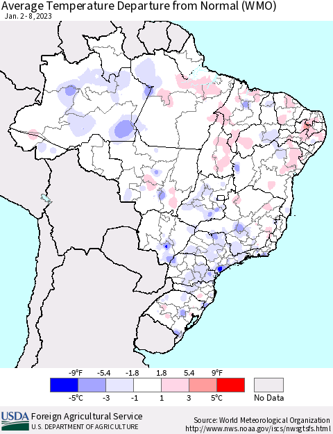 Brazil Average Temperature Departure from Normal (WMO) Thematic Map For 1/2/2023 - 1/8/2023