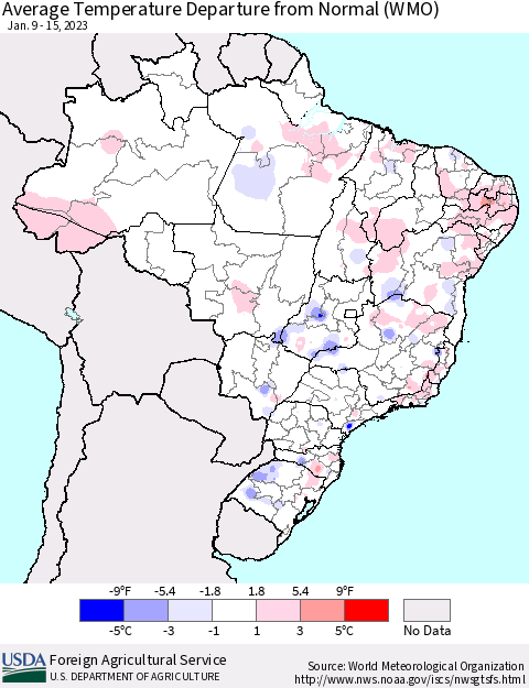 Brazil Average Temperature Departure from Normal (WMO) Thematic Map For 1/9/2023 - 1/15/2023