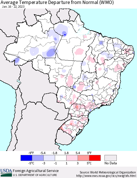 Brazil Average Temperature Departure from Normal (WMO) Thematic Map For 1/16/2023 - 1/22/2023