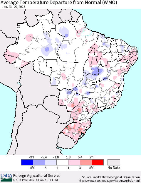 Brazil Average Temperature Departure from Normal (WMO) Thematic Map For 1/23/2023 - 1/29/2023