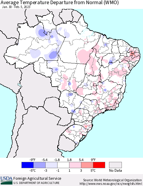 Brazil Average Temperature Departure from Normal (WMO) Thematic Map For 1/30/2023 - 2/5/2023