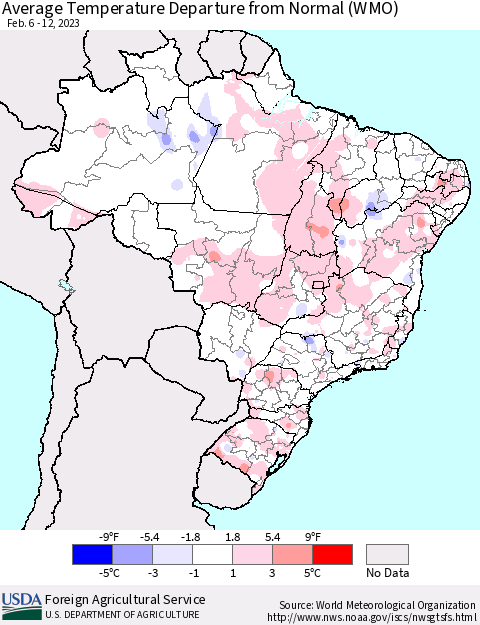 Brazil Average Temperature Departure from Normal (WMO) Thematic Map For 2/6/2023 - 2/12/2023