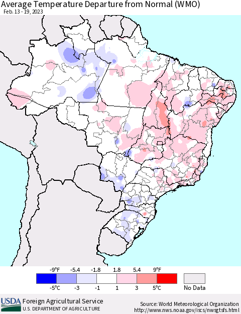 Brazil Average Temperature Departure from Normal (WMO) Thematic Map For 2/13/2023 - 2/19/2023