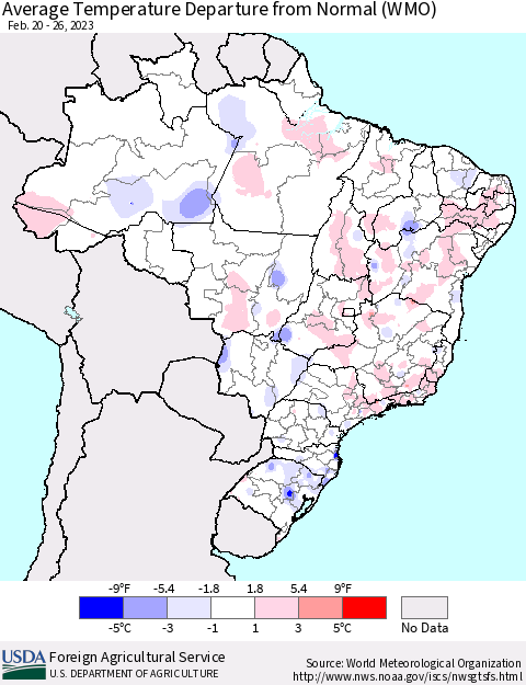 Brazil Average Temperature Departure from Normal (WMO) Thematic Map For 2/20/2023 - 2/26/2023