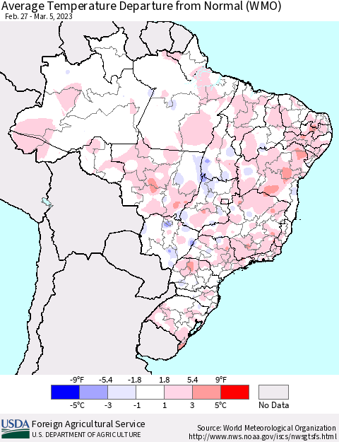 Brazil Average Temperature Departure from Normal (WMO) Thematic Map For 2/27/2023 - 3/5/2023