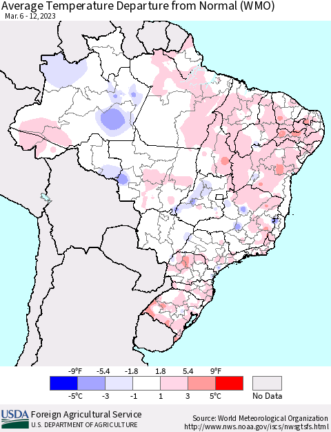 Brazil Average Temperature Departure from Normal (WMO) Thematic Map For 3/6/2023 - 3/12/2023