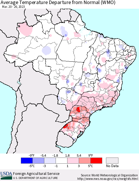 Brazil Average Temperature Departure from Normal (WMO) Thematic Map For 3/20/2023 - 3/26/2023