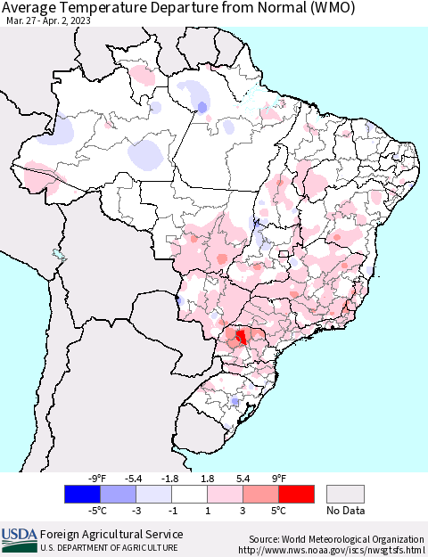 Brazil Average Temperature Departure from Normal (WMO) Thematic Map For 3/27/2023 - 4/2/2023