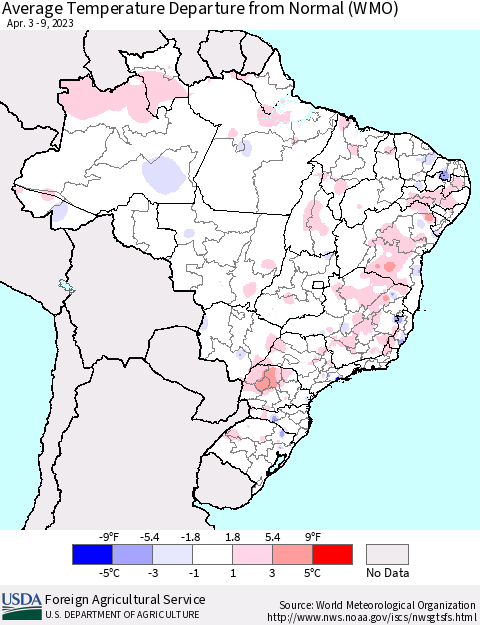 Brazil Average Temperature Departure from Normal (WMO) Thematic Map For 4/3/2023 - 4/9/2023