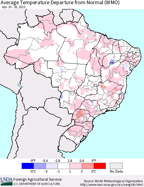 Brazil Average Temperature Departure from Normal (WMO) Thematic Map For 4/10/2023 - 4/16/2023