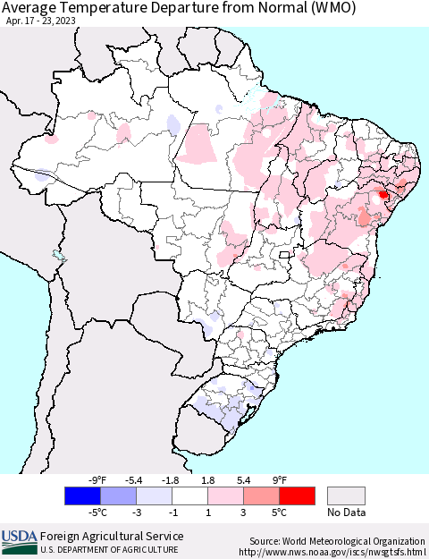 Brazil Average Temperature Departure from Normal (WMO) Thematic Map For 4/17/2023 - 4/23/2023