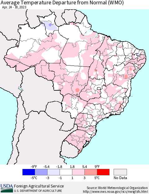 Brazil Average Temperature Departure from Normal (WMO) Thematic Map For 4/24/2023 - 4/30/2023