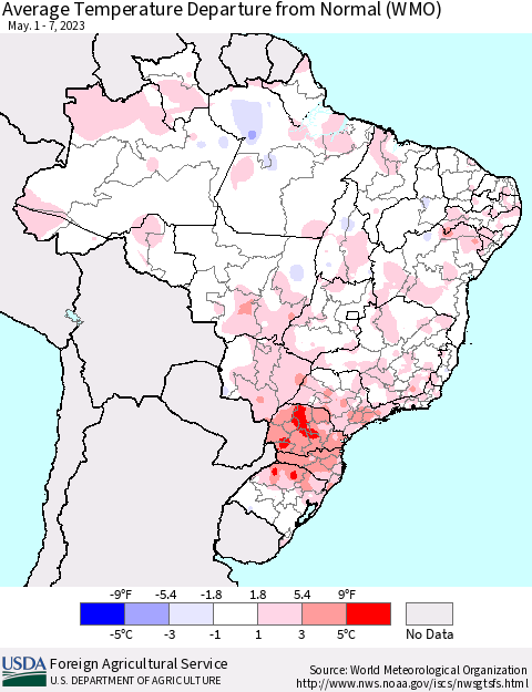 Brazil Average Temperature Departure from Normal (WMO) Thematic Map For 5/1/2023 - 5/7/2023