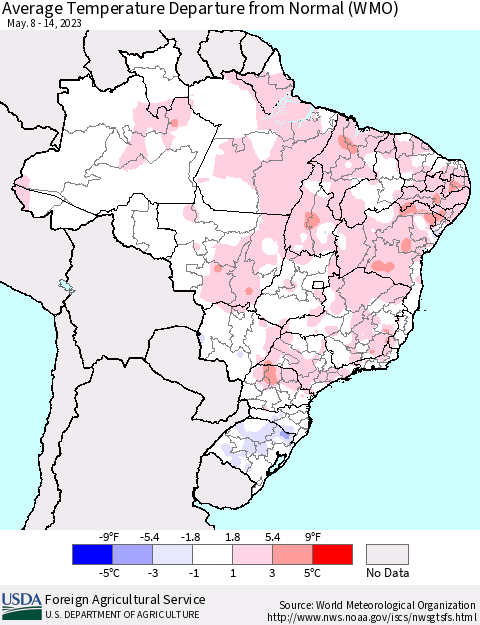 Brazil Average Temperature Departure from Normal (WMO) Thematic Map For 5/8/2023 - 5/14/2023
