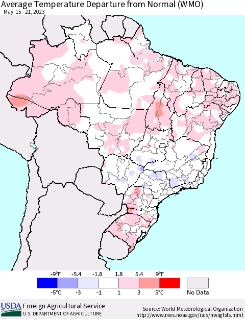 Brazil Average Temperature Departure from Normal (WMO) Thematic Map For 5/15/2023 - 5/21/2023