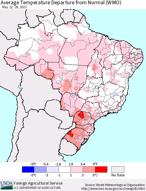 Brazil Average Temperature Departure from Normal (WMO) Thematic Map For 5/22/2023 - 5/28/2023