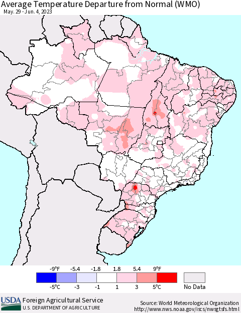 Brazil Average Temperature Departure from Normal (WMO) Thematic Map For 5/29/2023 - 6/4/2023