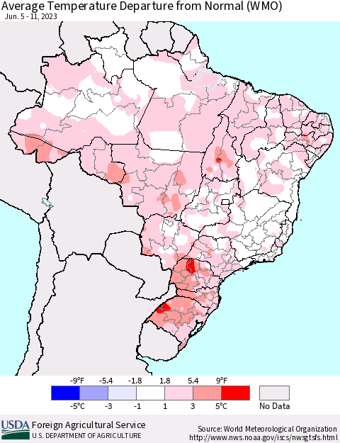 Brazil Average Temperature Departure from Normal (WMO) Thematic Map For 6/5/2023 - 6/11/2023