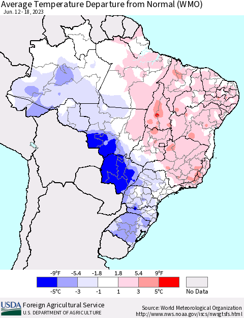 Brazil Average Temperature Departure from Normal (WMO) Thematic Map For 6/12/2023 - 6/18/2023