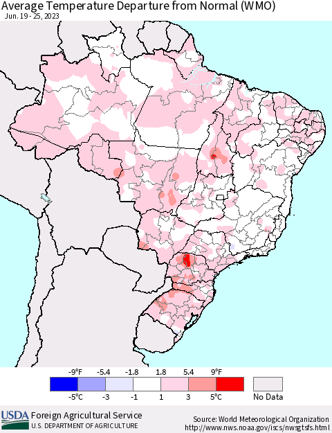 Brazil Average Temperature Departure from Normal (WMO) Thematic Map For 6/19/2023 - 6/25/2023