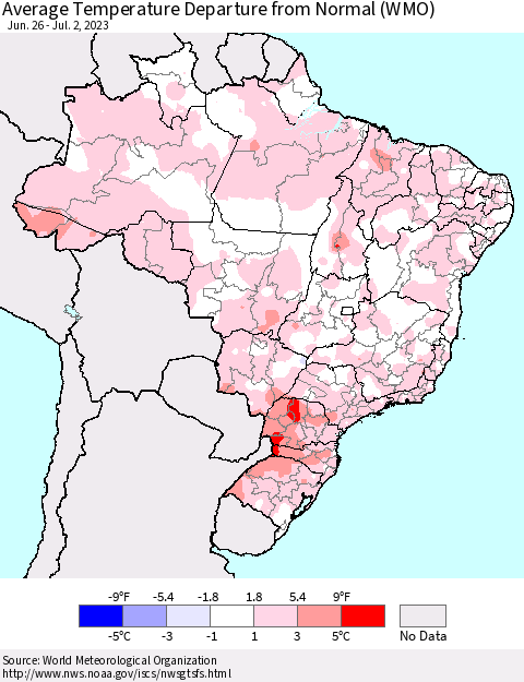 Brazil Average Temperature Departure from Normal (WMO) Thematic Map For 6/26/2023 - 7/2/2023