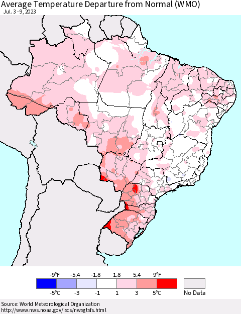 Brazil Average Temperature Departure from Normal (WMO) Thematic Map For 7/3/2023 - 7/9/2023