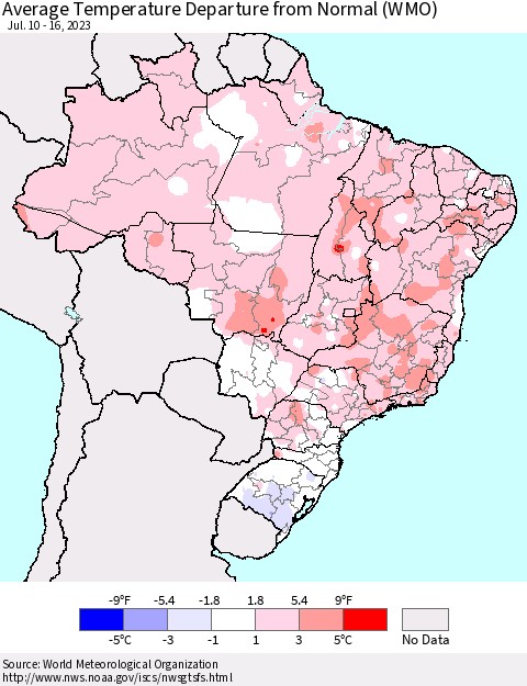 Brazil Average Temperature Departure from Normal (WMO) Thematic Map For 7/10/2023 - 7/16/2023
