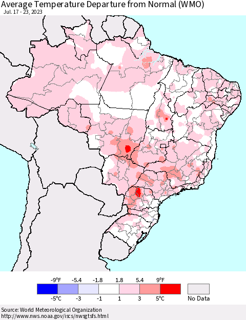 Brazil Average Temperature Departure from Normal (WMO) Thematic Map For 7/17/2023 - 7/23/2023