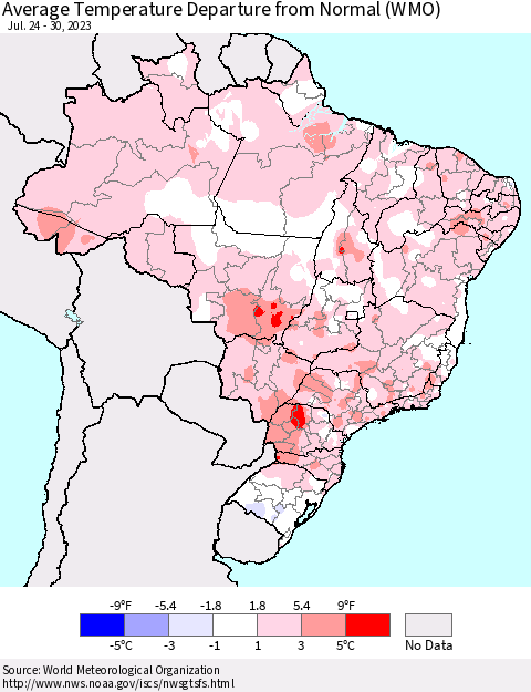 Brazil Average Temperature Departure from Normal (WMO) Thematic Map For 7/24/2023 - 7/30/2023