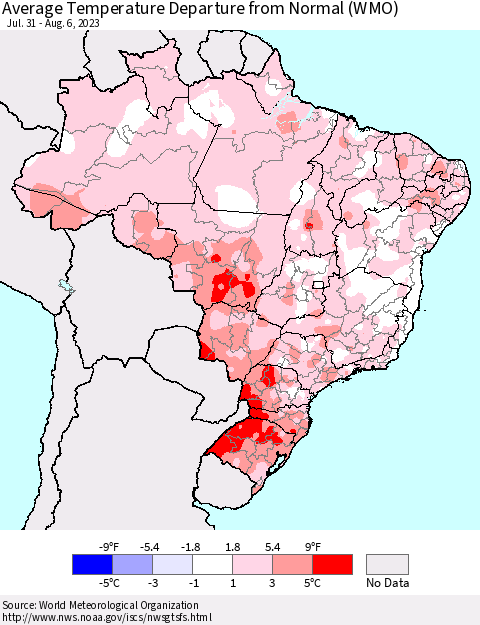 Brazil Average Temperature Departure from Normal (WMO) Thematic Map For 7/31/2023 - 8/6/2023