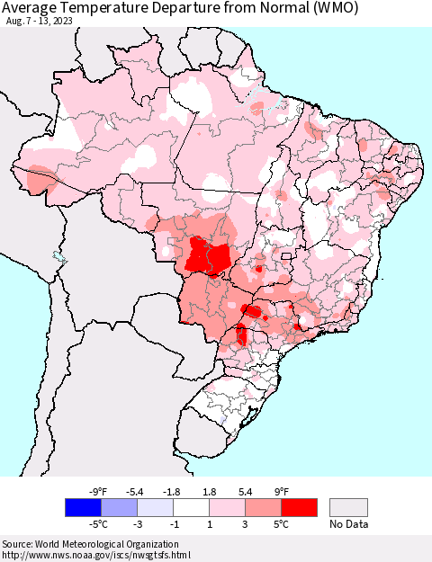 Brazil Average Temperature Departure from Normal (WMO) Thematic Map For 8/7/2023 - 8/13/2023