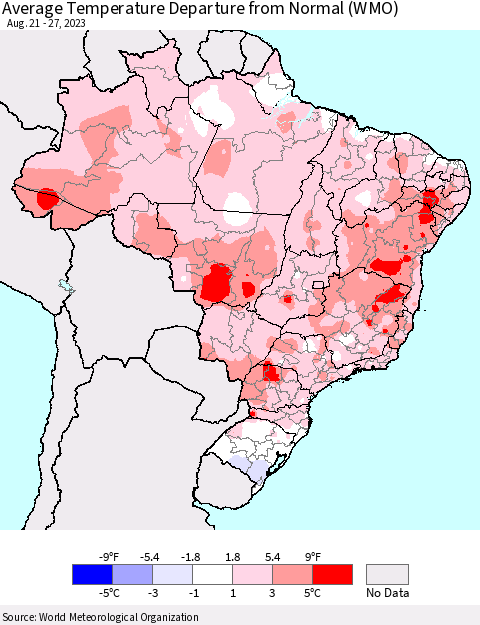 Brazil Average Temperature Departure from Normal (WMO) Thematic Map For 8/21/2023 - 8/27/2023