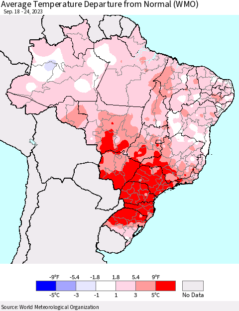 Brazil Average Temperature Departure from Normal (WMO) Thematic Map For 9/18/2023 - 9/24/2023