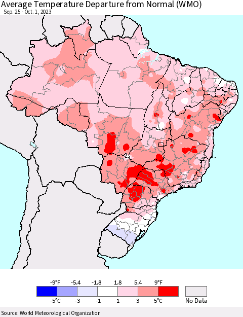 Brazil Average Temperature Departure from Normal (WMO) Thematic Map For 9/25/2023 - 10/1/2023