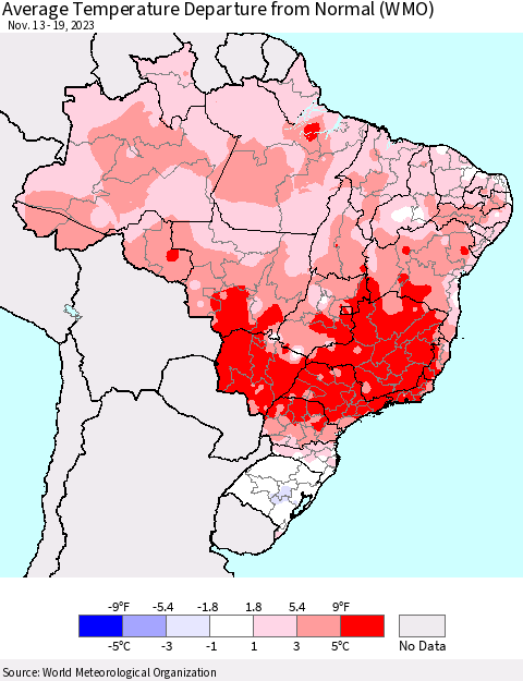 Brazil Average Temperature Departure from Normal (WMO) Thematic Map For 11/13/2023 - 11/19/2023