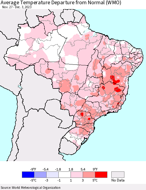 Brazil Average Temperature Departure from Normal (WMO) Thematic Map For 11/27/2023 - 12/3/2023