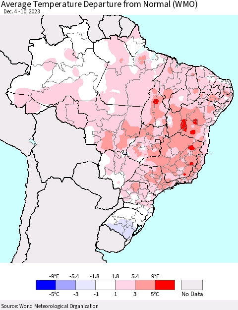 Brazil Average Temperature Departure from Normal (WMO) Thematic Map For 12/4/2023 - 12/10/2023