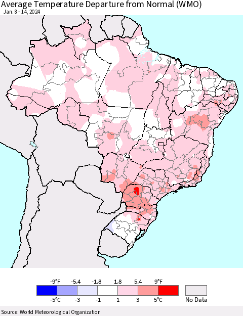 Brazil Average Temperature Departure from Normal (WMO) Thematic Map For 1/8/2024 - 1/14/2024
