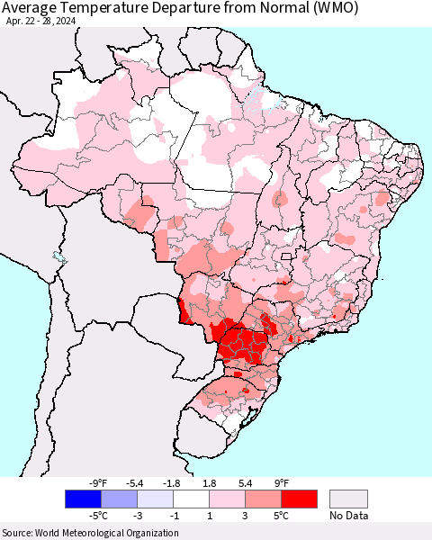 Brazil Average Temperature Departure from Normal (WMO) Thematic Map For 4/22/2024 - 4/28/2024
