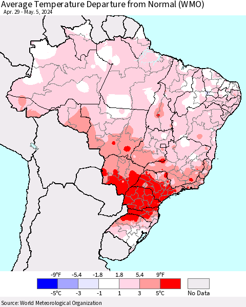 Brazil Average Temperature Departure from Normal (WMO) Thematic Map For 4/29/2024 - 5/5/2024