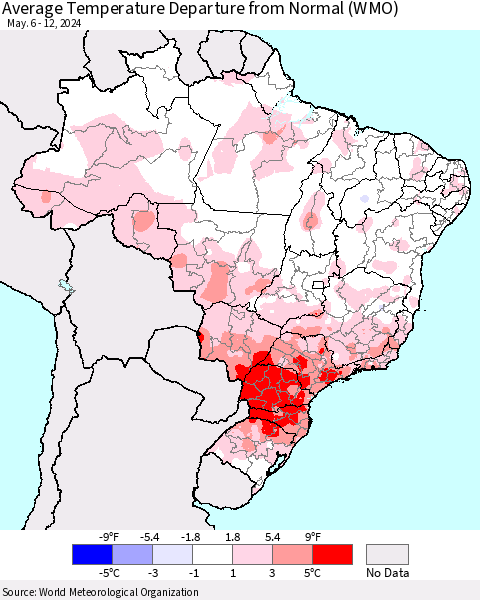 Brazil Average Temperature Departure from Normal (WMO) Thematic Map For 5/6/2024 - 5/12/2024