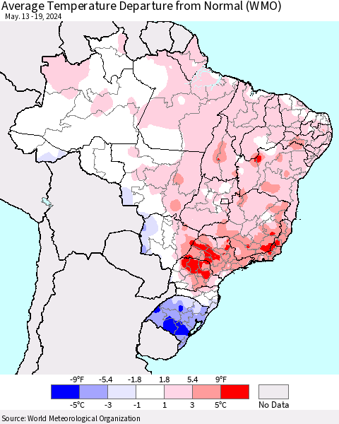 Brazil Average Temperature Departure from Normal (WMO) Thematic Map For 5/13/2024 - 5/19/2024