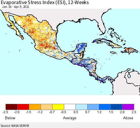 Mexico Central America and the Caribbean Evaporative Stress Index (ESI), 12-Weeks Thematic Map For 4/5/2021 - 4/11/2021