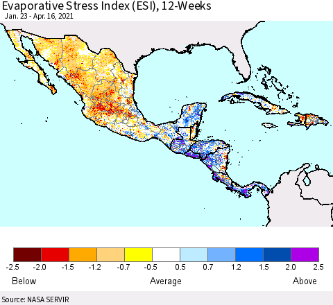 Mexico Central America and the Caribbean Evaporative Stress Index (ESI), 12-Weeks Thematic Map For 4/12/2021 - 4/18/2021