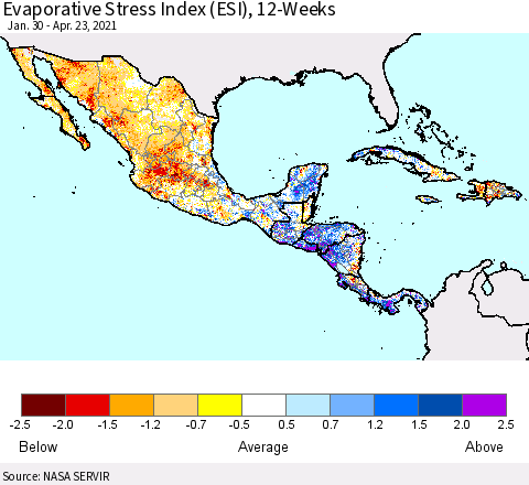Mexico Central America and the Caribbean Evaporative Stress Index (ESI), 12-Weeks Thematic Map For 4/19/2021 - 4/25/2021