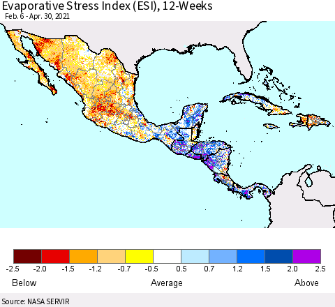 Mexico Central America and the Caribbean Evaporative Stress Index (ESI), 12-Weeks Thematic Map For 4/26/2021 - 5/2/2021