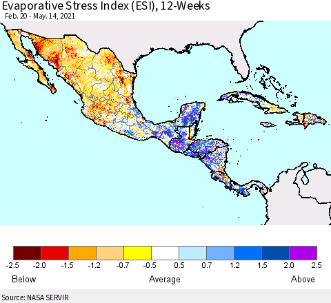 Mexico Central America and the Caribbean Evaporative Stress Index (ESI), 12-Weeks Thematic Map For 5/10/2021 - 5/16/2021